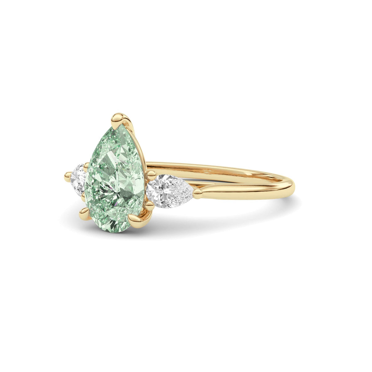 Yellow gold Three-Stone Fancy Green Pear Cut Diamond Ring with Pear Side Stones