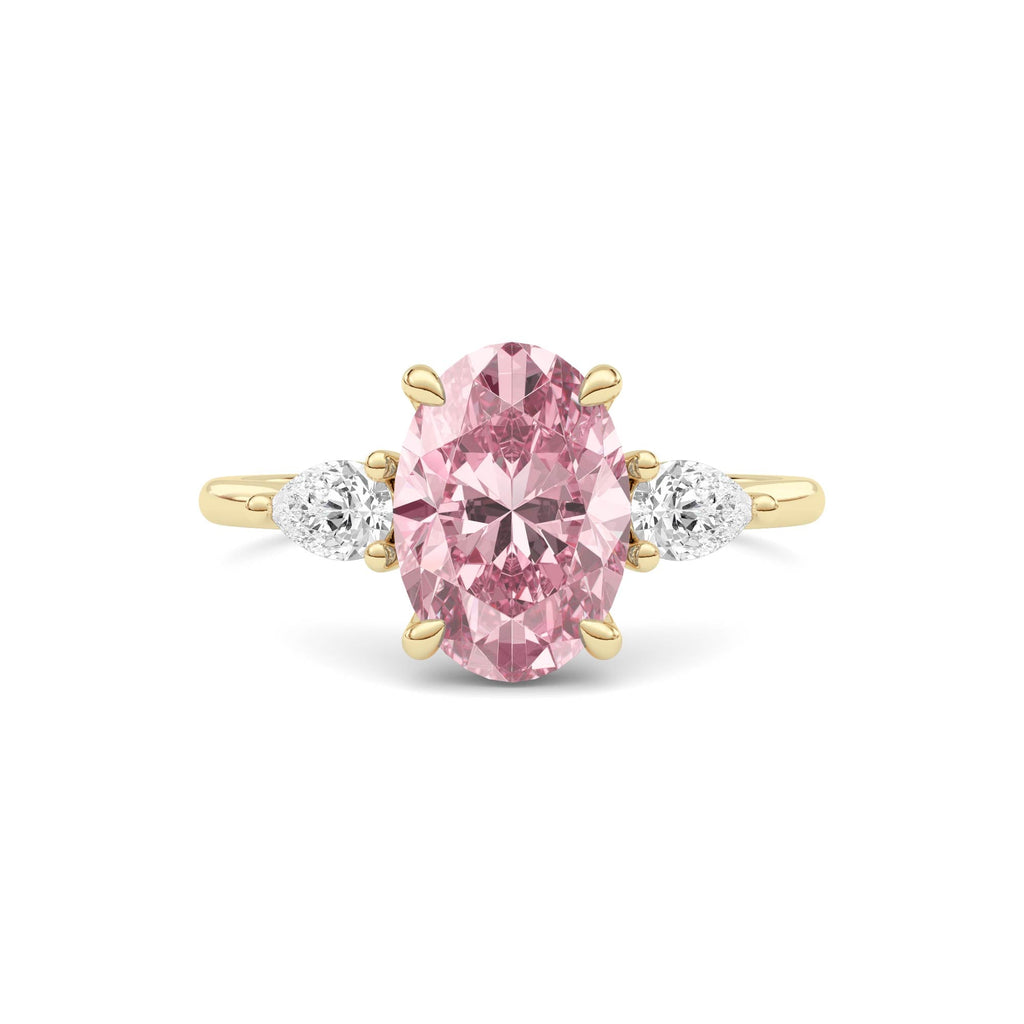 Yellow gold Three-Stone Fancy Pink Oval Cut Diamond Ring with Pear Side Stones
