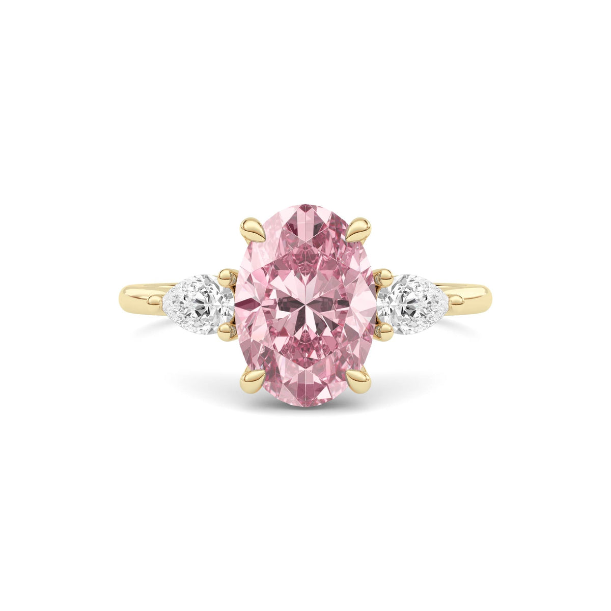 Yellow gold Three-Stone Fancy Pink Oval Cut Diamond Ring with Pear Side Stones