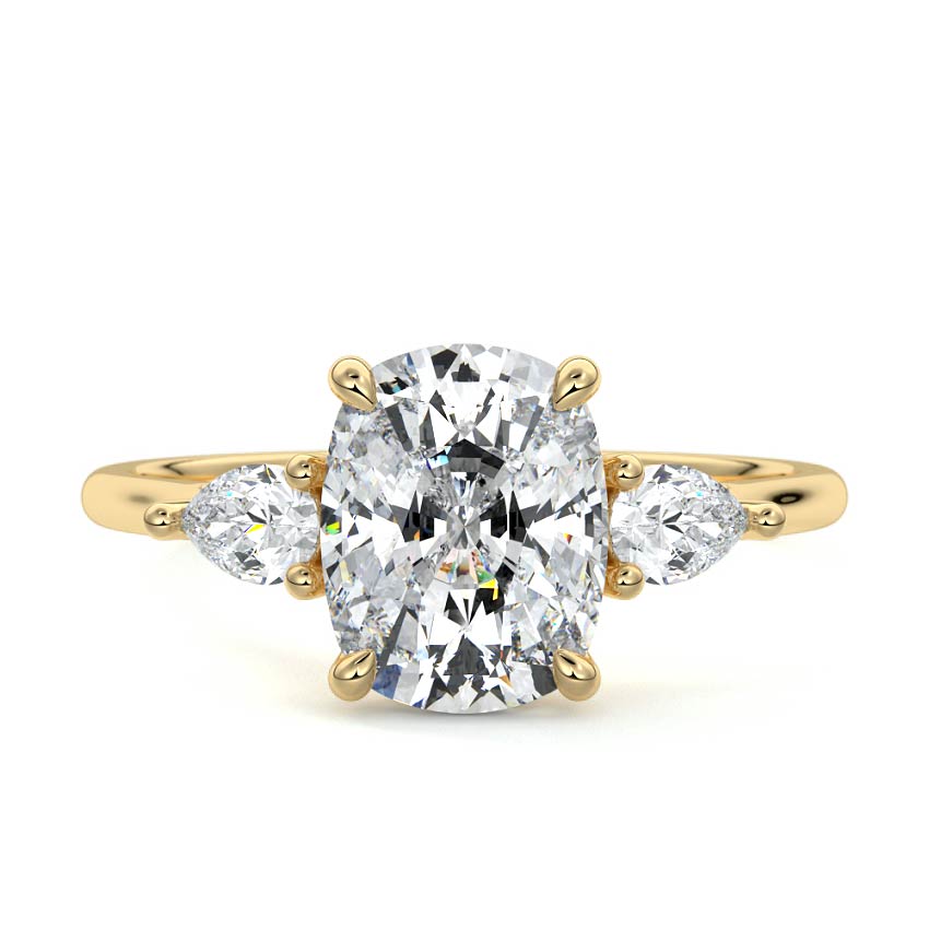 Yellow gold Three-Stone Cushion Diamond Ring with Pear Side Stones