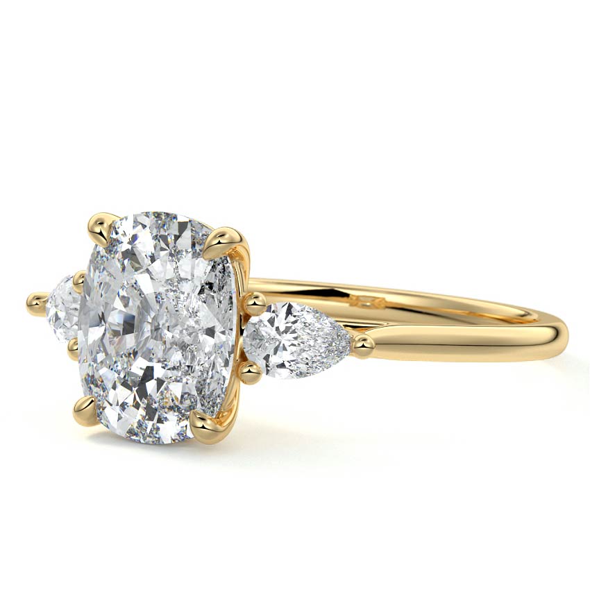 Yellow gold Three-Stone Cushion Diamond Ring with Pear Side Stones