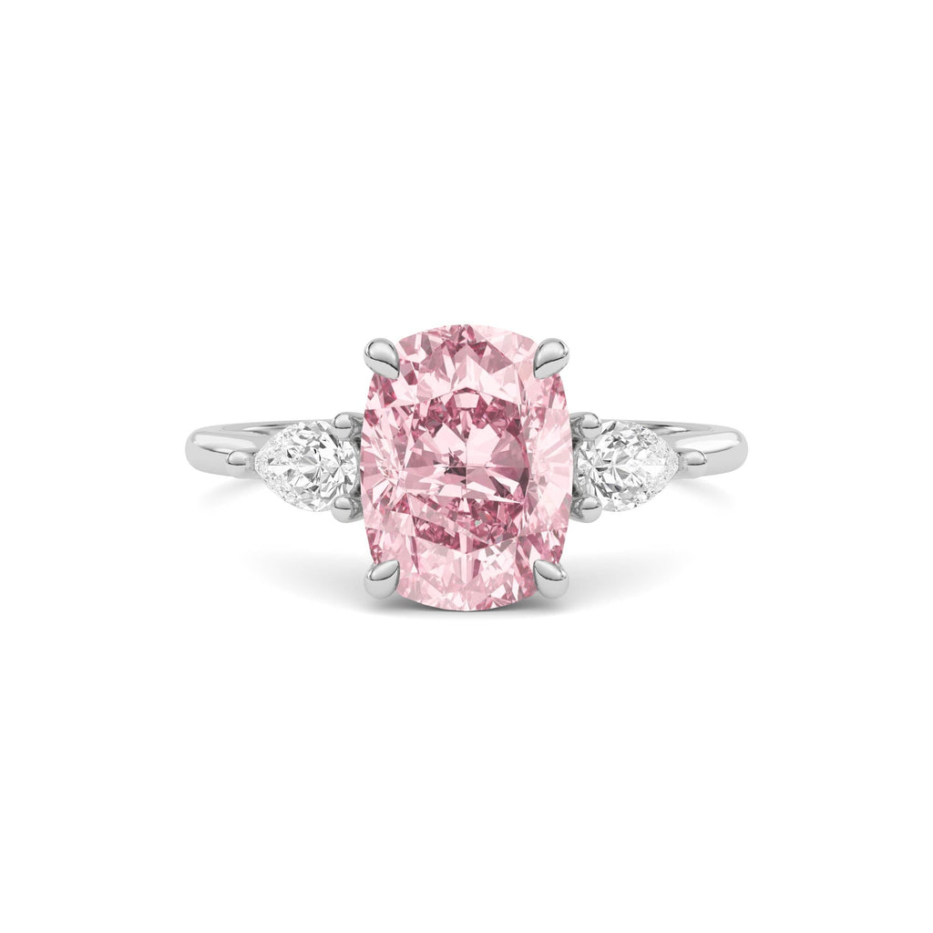 White gold Three-Stone Fancy Pink Cushion Cut Diamond Ring with Pear Side Stones