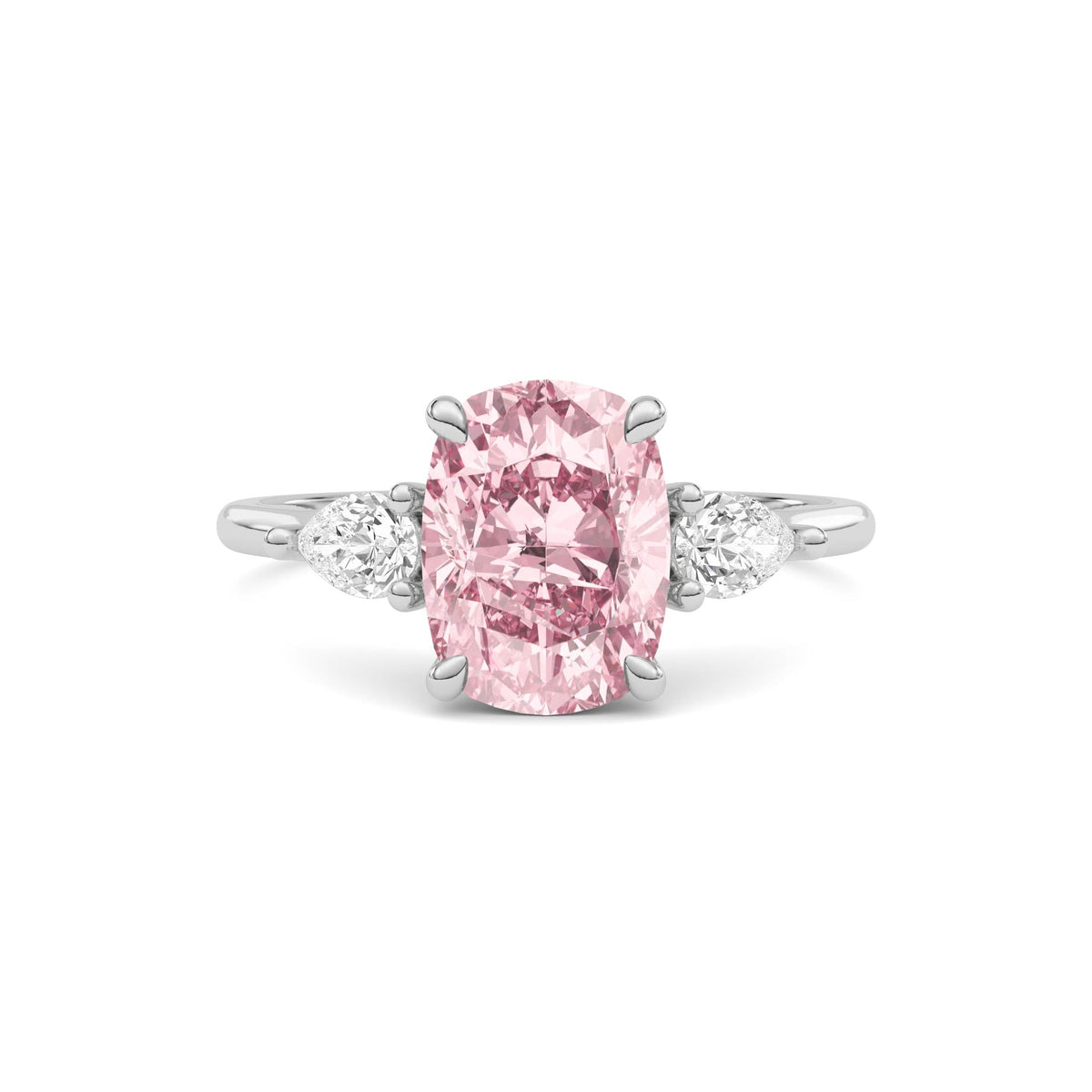 White gold Three-Stone Fancy Pink Cushion Cut Diamond Ring with Pear Side Stones