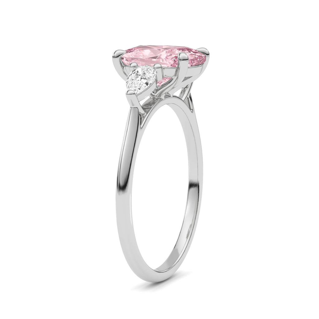 White gold Three-Stone Fancy Pink Cushion Cut Diamond Ring with Pear Side Stones