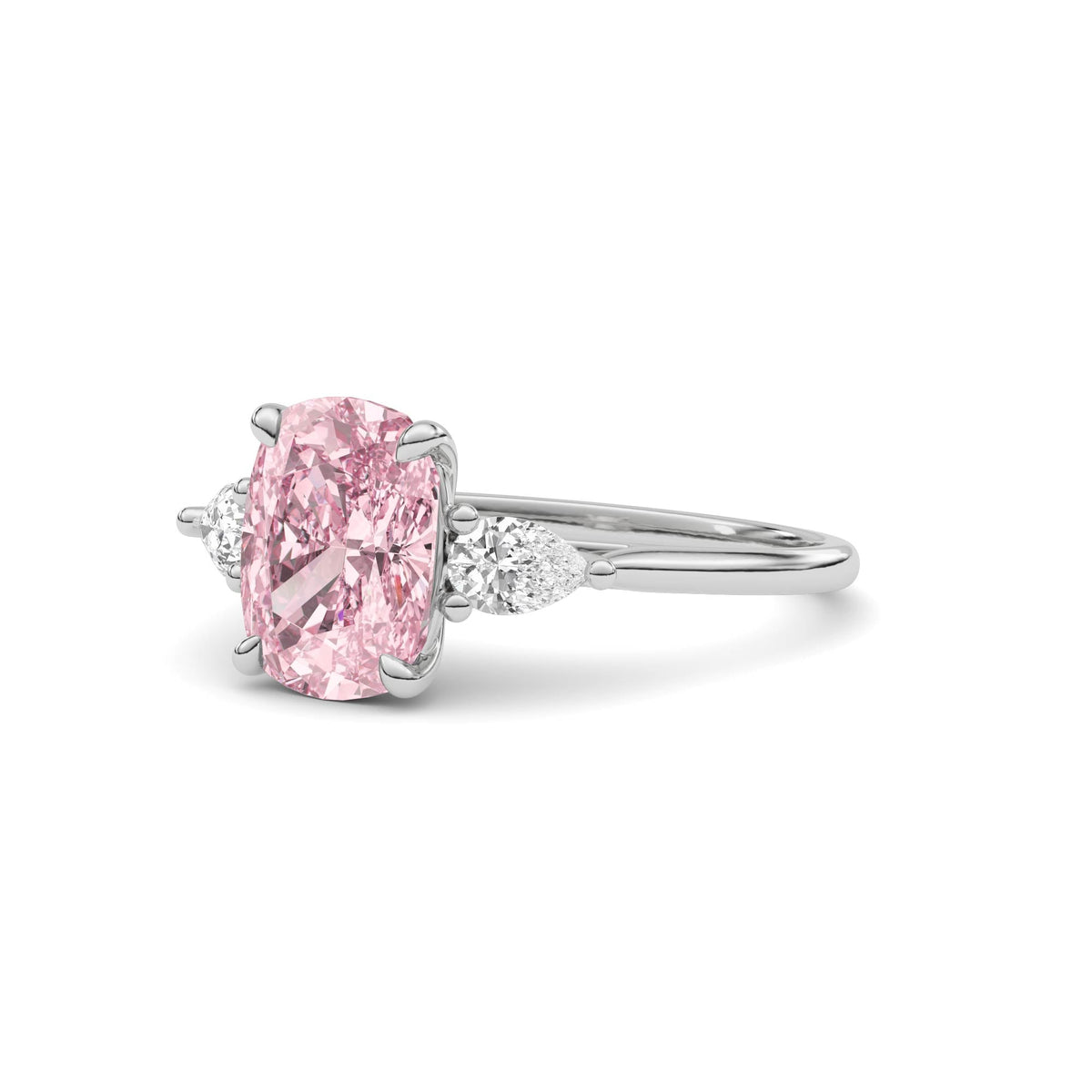 White gold Three-Stone Fancy Pink Cushion Cut Diamond Ring with Pear Side Stones