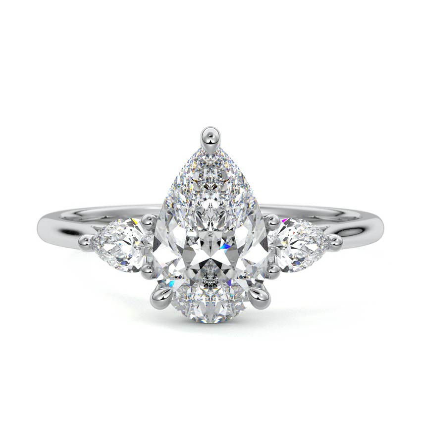 Silver Three-Stone Pear Diamond Ring with Pear Side Stones