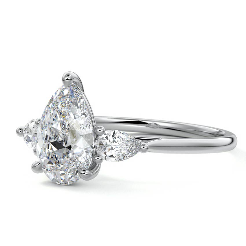 Silver Three-Stone Pear Diamond Ring with Pear Side Stones