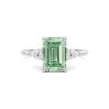 Silver Three-Stone Fancy Green Emerald Cut Diamond Ring with Pear Side Stones