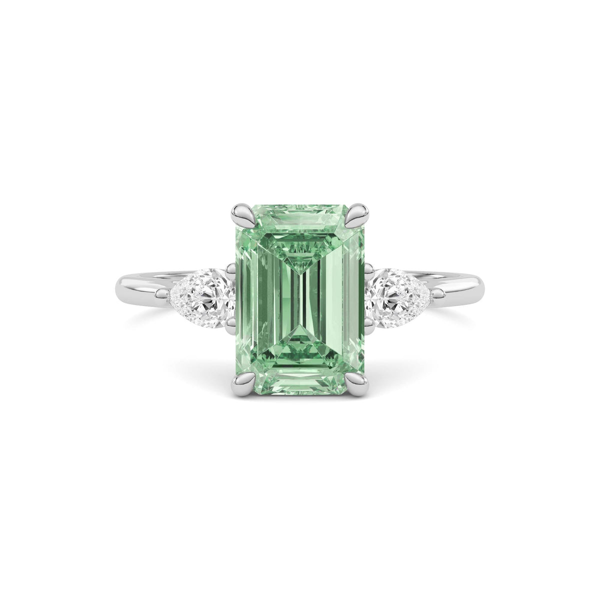Silver Three-Stone Fancy Green Emerald Cut Diamond Ring with Pear Side Stones