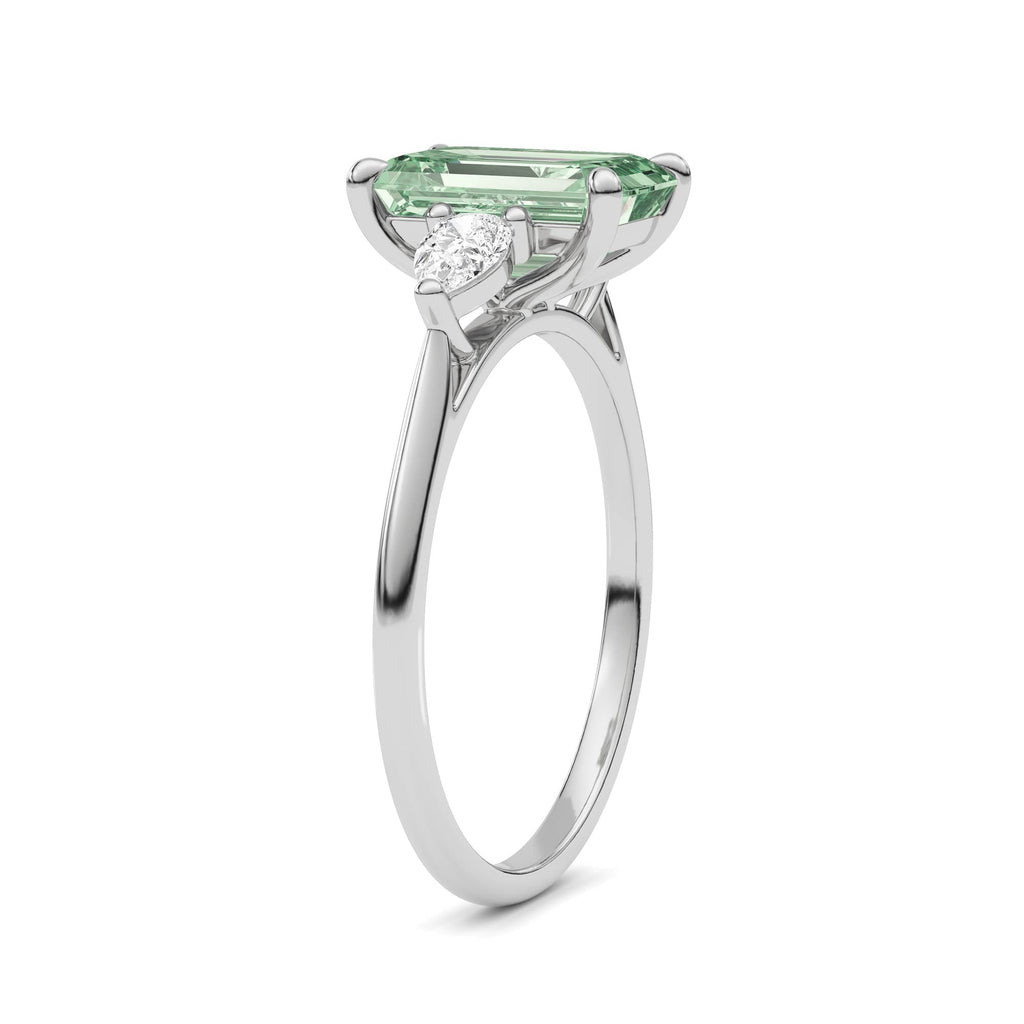 Silver Three-Stone Fancy Green Emerald Cut Diamond Ring with Pear Side Stones