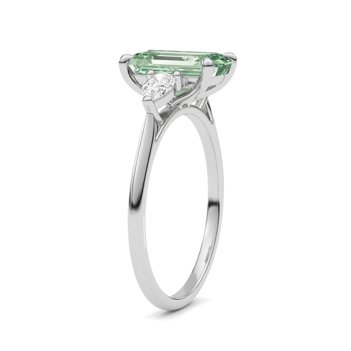 Silver Three-Stone Fancy Green Emerald Cut Diamond Ring with Pear Side Stones