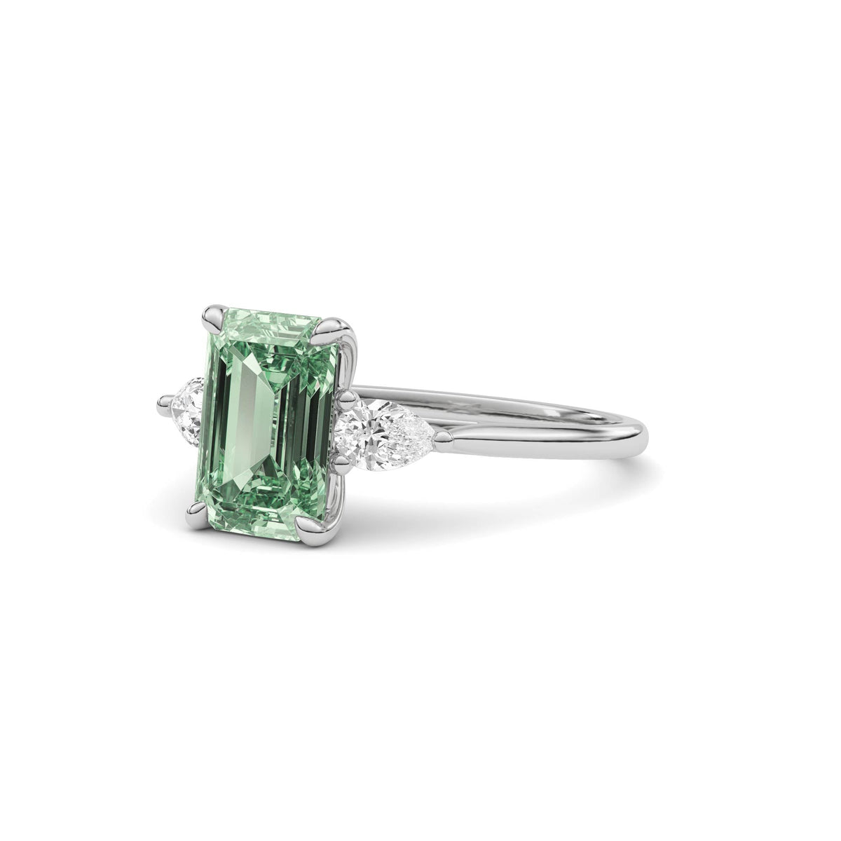 Silver Three-Stone Fancy Green Emerald Cut Diamond Ring with Pear Side Stones