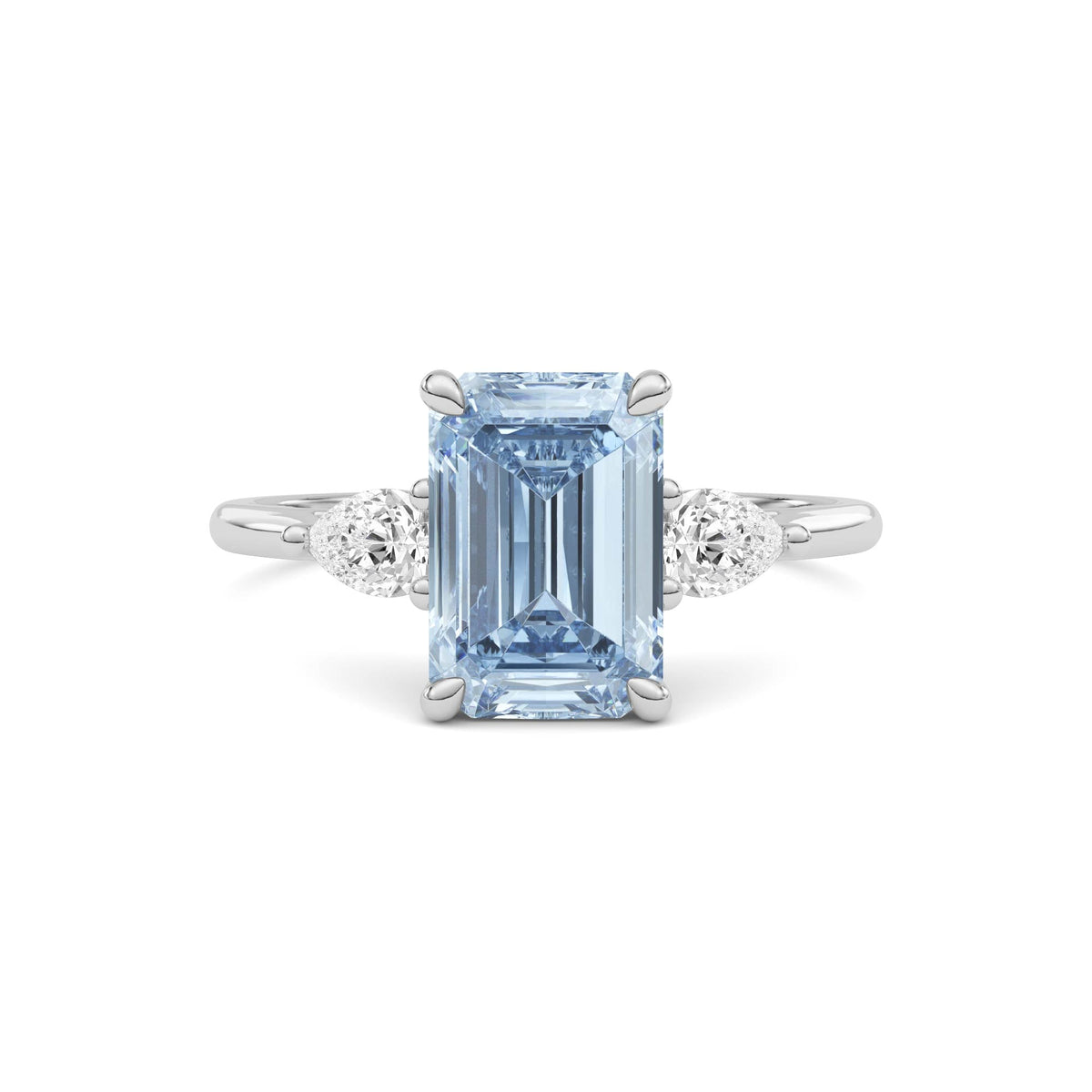 Platinum Three-Stone Fancy Blue Emerald Cut Diamond Ring with Pear Side Stones