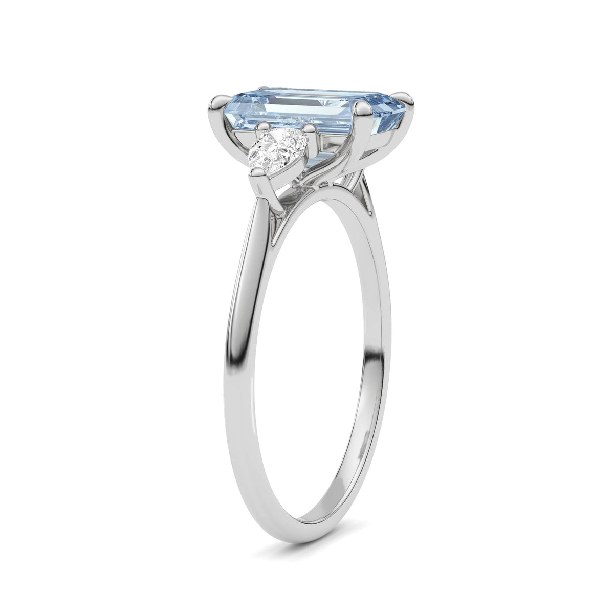 Platinum Three-Stone Fancy Blue Emerald Cut Diamond Ring with Pear Side Stones