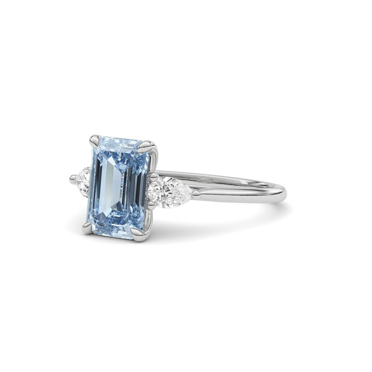 Platinum Three-Stone Fancy Blue Emerald Cut Diamond Ring with Pear Side Stones
