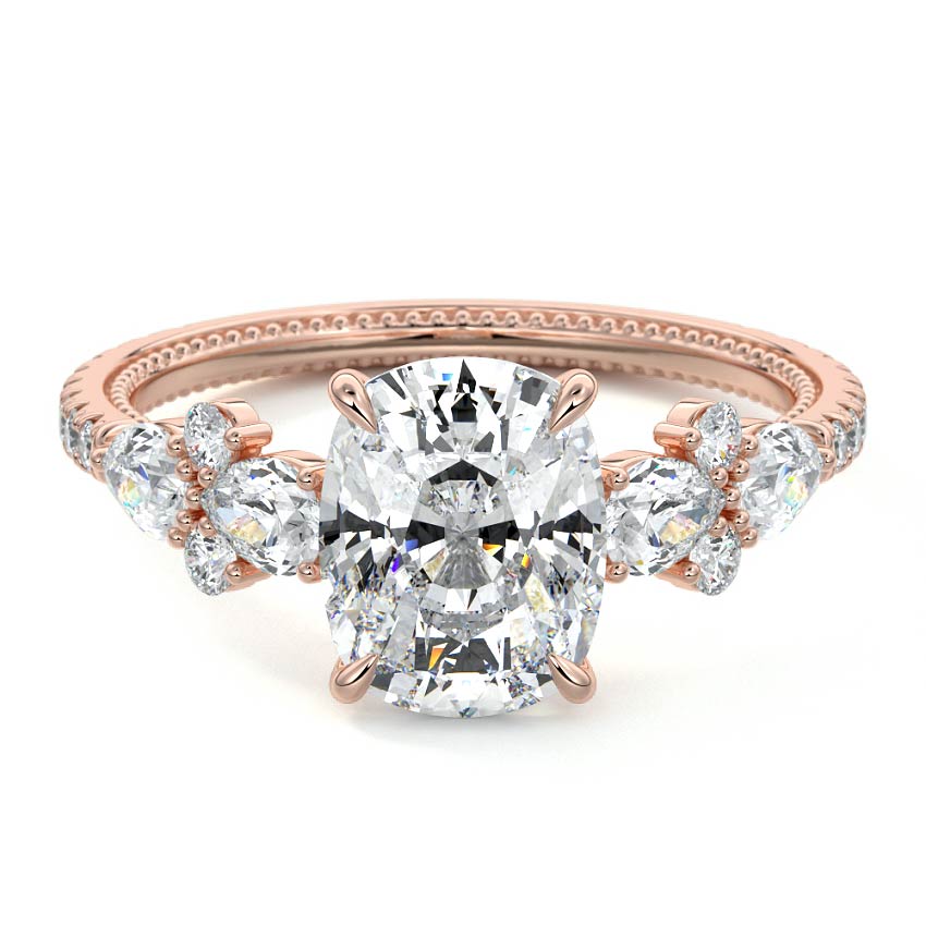 Rose gold Cushion Solitaire Diamond Engagement Ring with Floral Cluster Side Stones and Pave Band