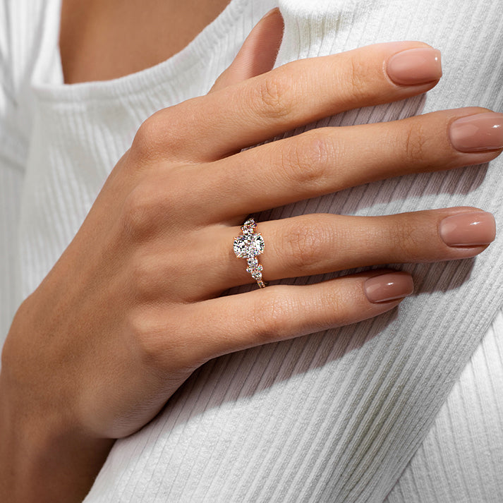 Rose gold Cushion Solitaire Diamond Engagement Ring with Floral Cluster Side Stones and Pave Band