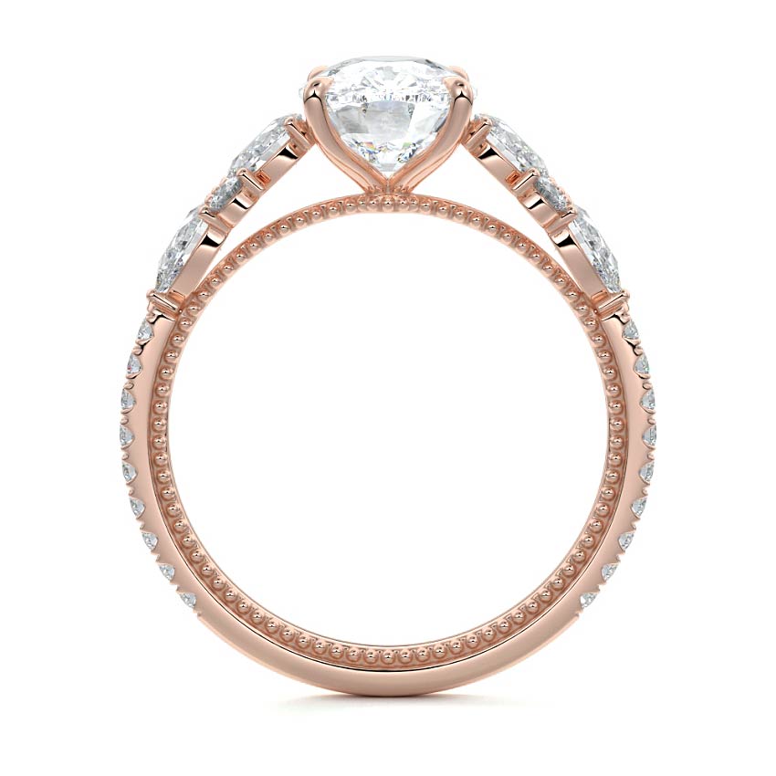 Rose gold Cushion Solitaire Diamond Engagement Ring with Floral Cluster Side Stones and Pave Band