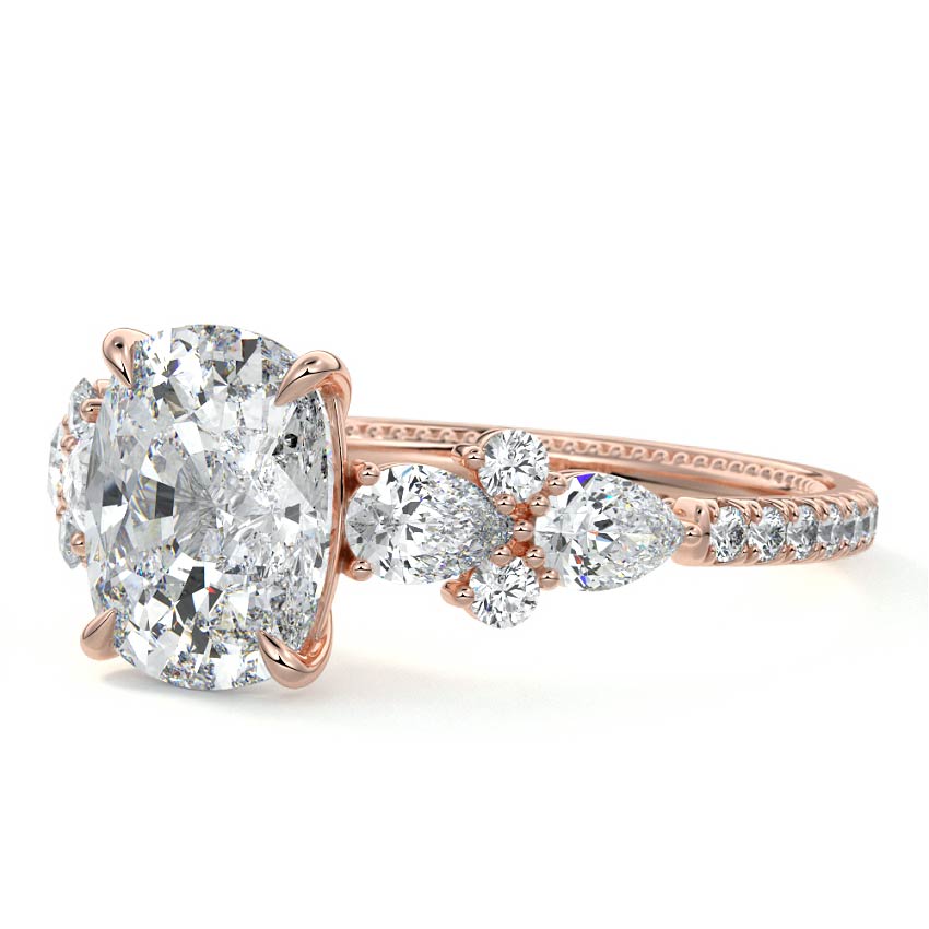 Rose gold Cushion Solitaire Diamond Engagement Ring with Floral Cluster Side Stones and Pave Band