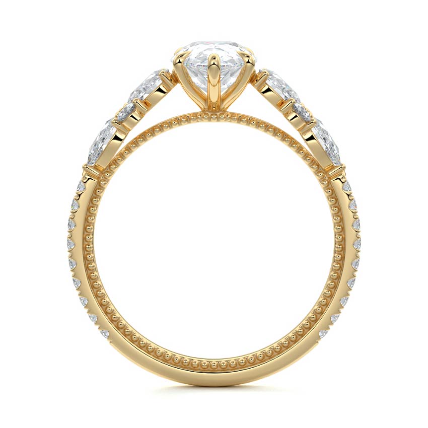 Yellow gold Pear Solitaire Diamond Engagement Ring with Floral Cluster Side Stones and Pave Band