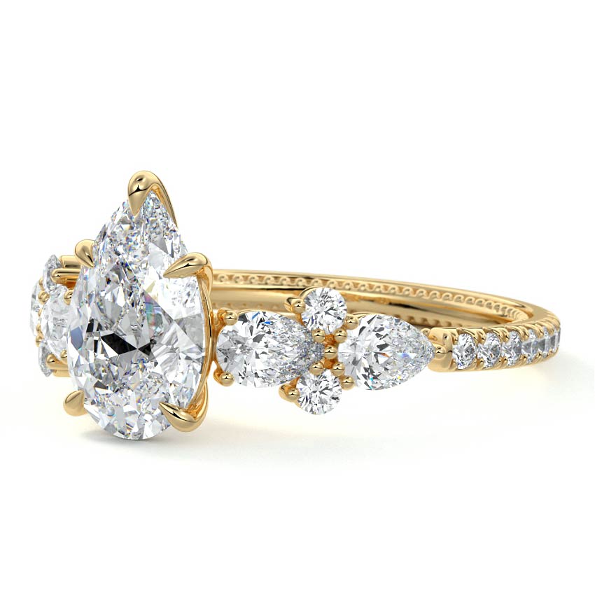 Yellow gold Pear Solitaire Diamond Engagement Ring with Floral Cluster Side Stones and Pave Band