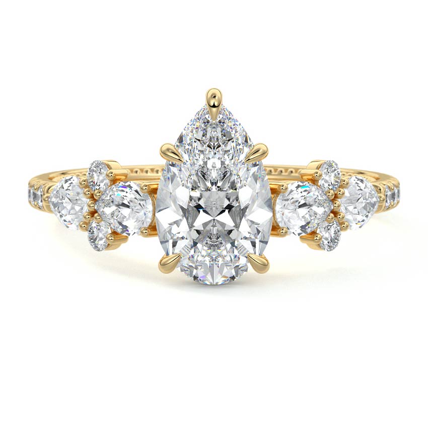 Yellow gold Pear Solitaire Diamond Engagement Ring with Floral Cluster Side Stones and Pave Band