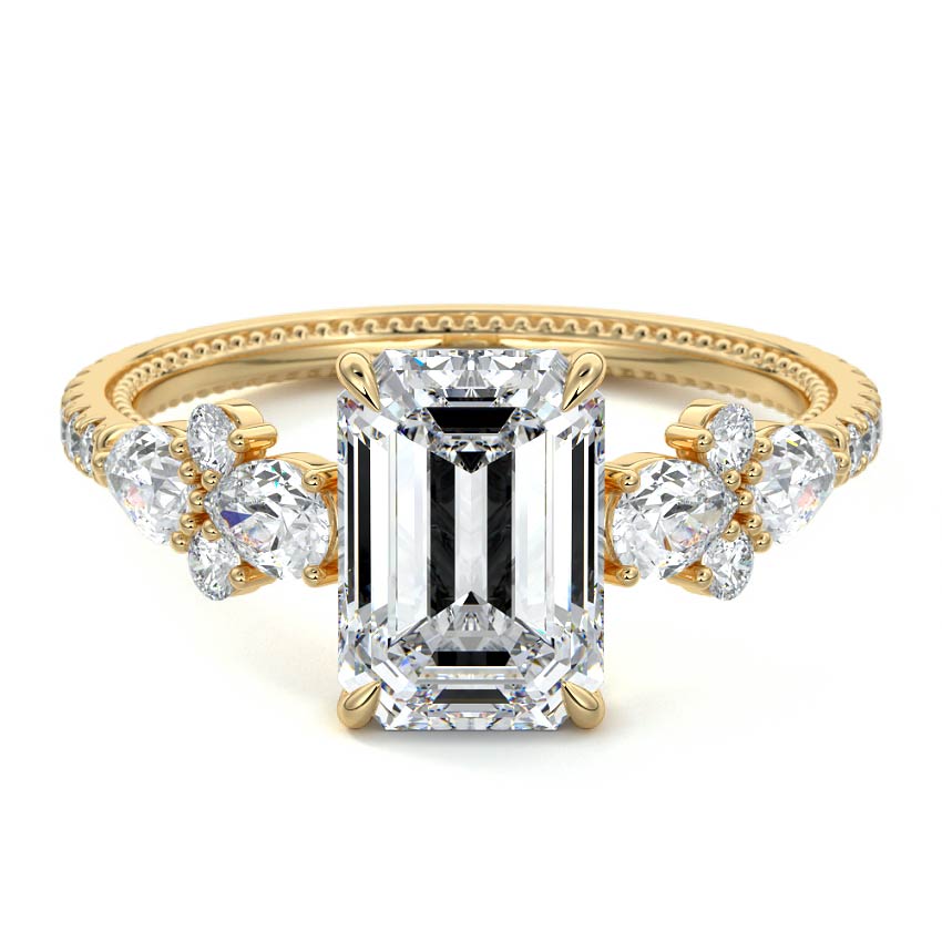 Yellow gold Emerald Solitaire Diamond Engagement Ring with Floral Cluster Side Stones and Pave Band