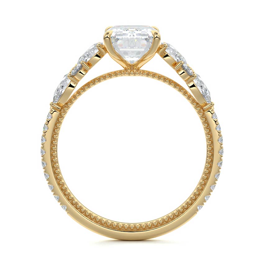 Yellow gold Emerald Solitaire Diamond Engagement Ring with Floral Cluster Side Stones and Pave Band