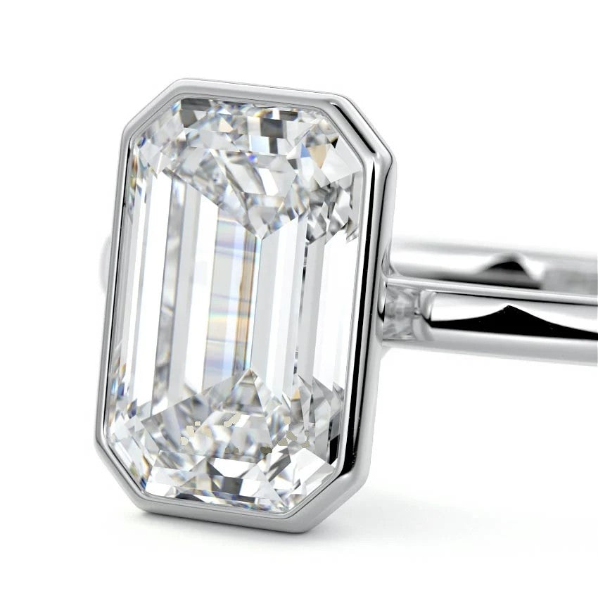 Silver Emerald Diamond Solitaire Engagement Ring 