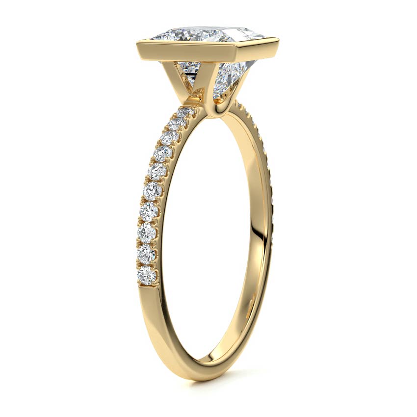 Yellow gold Princess Bezel Set Solitaire Diamond Engagement Ring with Pave Band