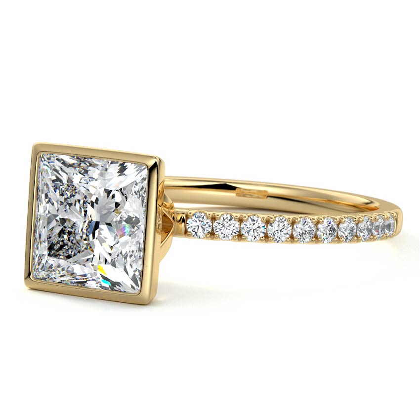 Yellow gold Princess Bezel Set Solitaire Diamond Engagement Ring with Pave Band