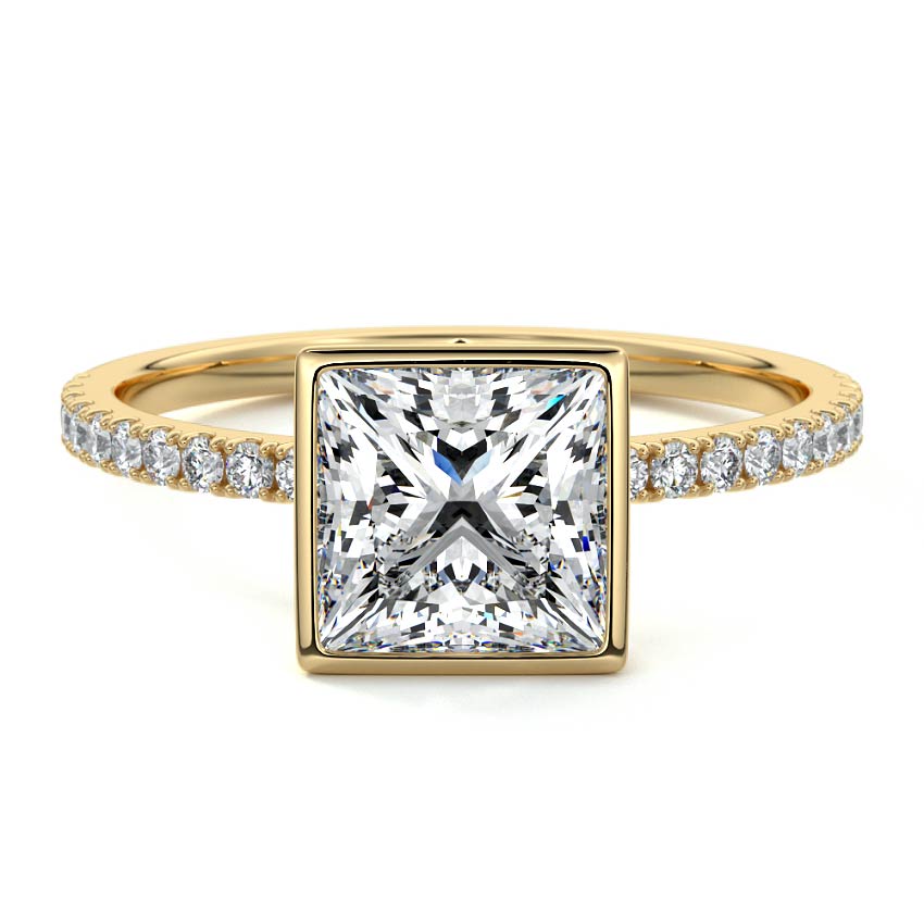 Yellow gold Princess Bezel Set Solitaire Diamond Engagement Ring with Pave Band