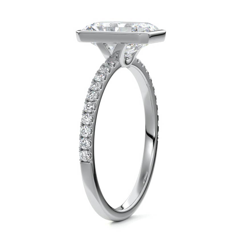 White gold Radiant Bezel Set Solitaire Diamond Engagement Ring with Pave Band