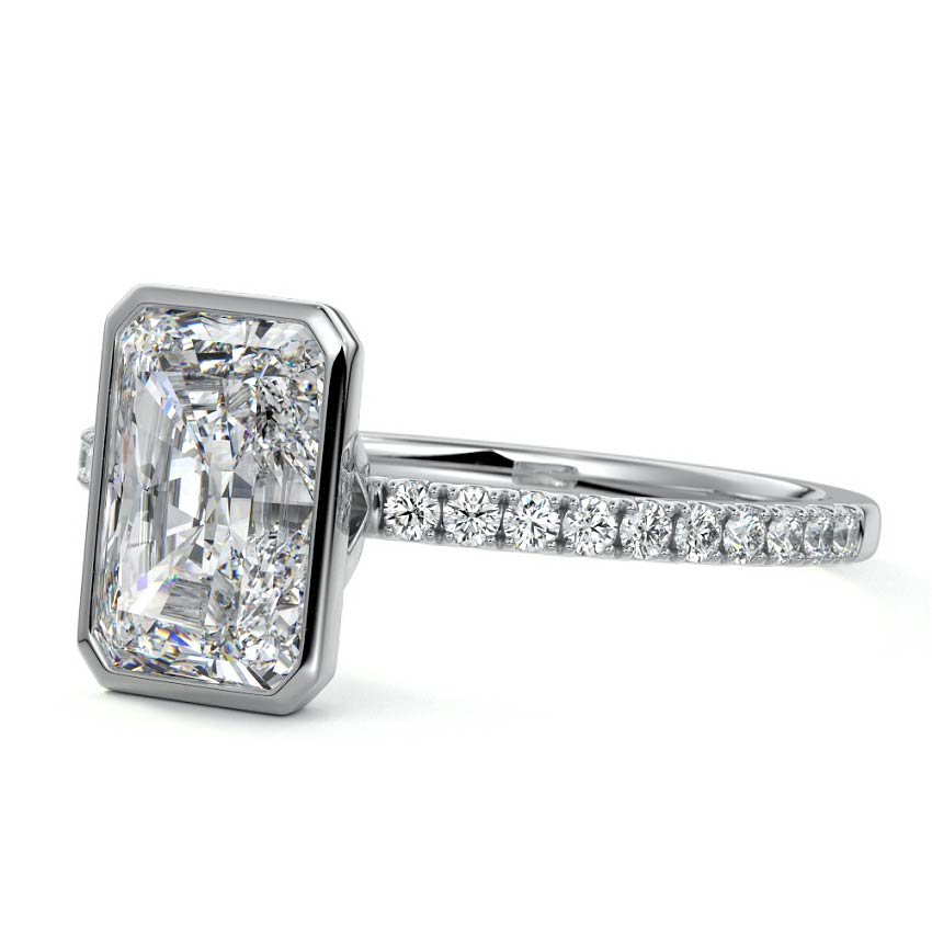 White gold Radiant Bezel Set Solitaire Diamond Engagement Ring with Pave Band
