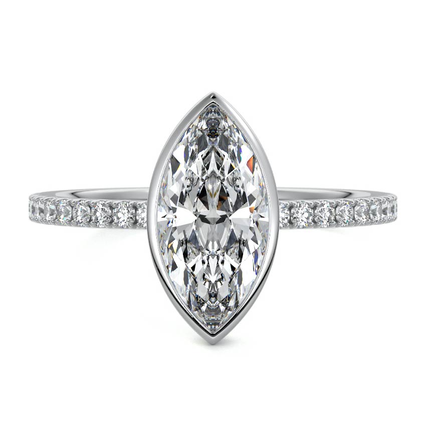 White gold Marquise Bezel Set Solitaire Diamond Engagement Ring with Pave Band
