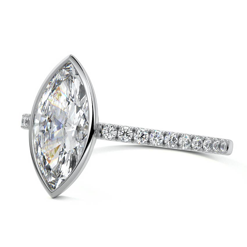 White gold Marquise Bezel Set Solitaire Diamond Engagement Ring with Pave Band