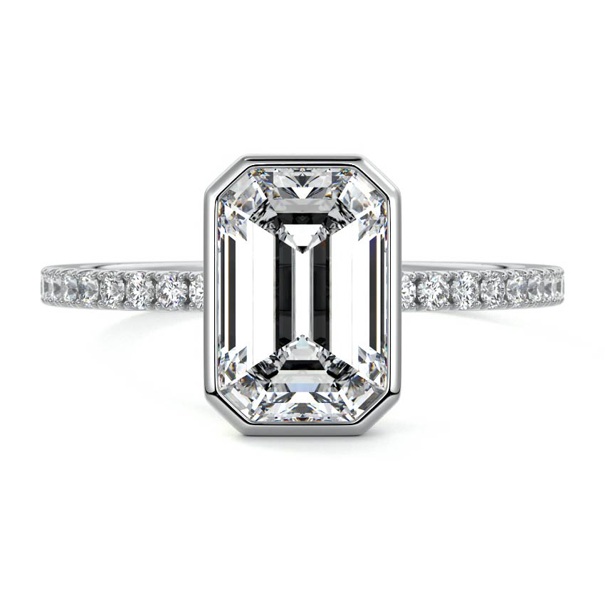 White gold Emerald Bezel Set Solitaire Diamond Engagement Ring with Pave Band