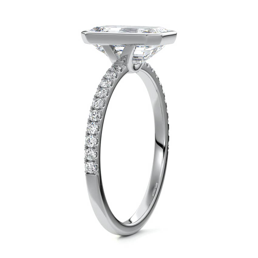 White gold Emerald Bezel Set Solitaire Diamond Engagement Ring with Pave Band