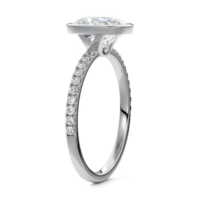 White gold Cushion Bezel Set Solitaire Diamond Engagement Ring with Pave Band
