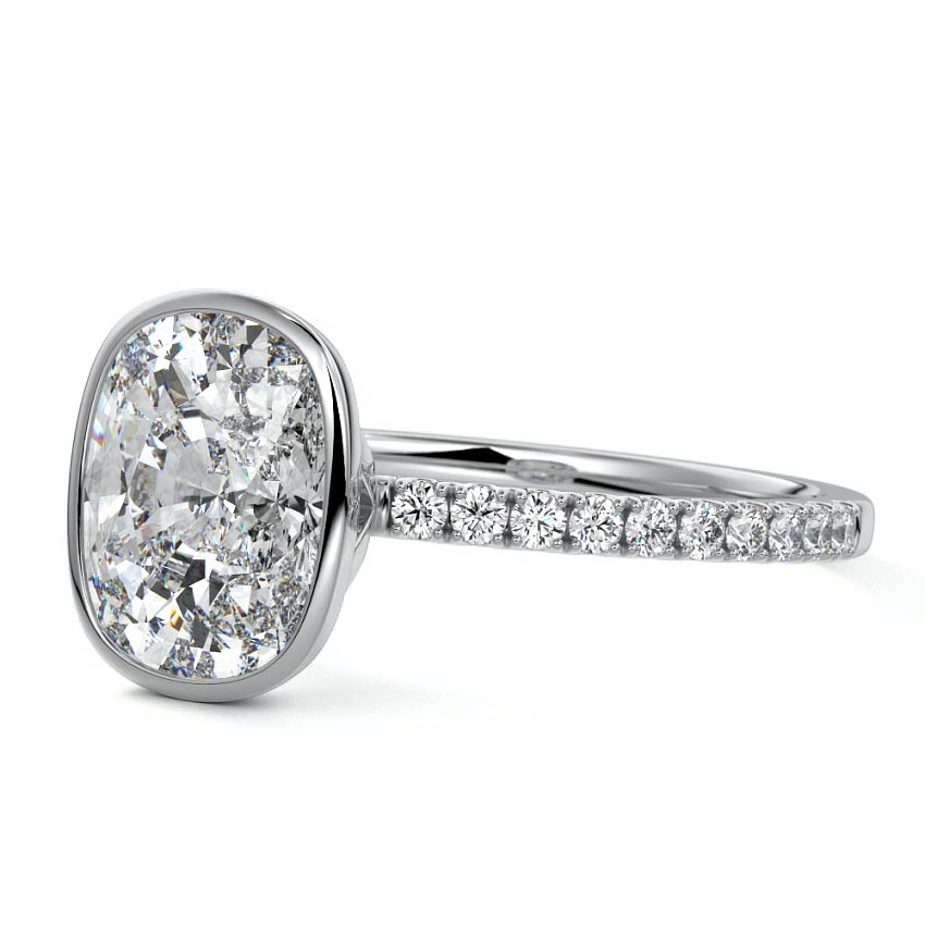 White gold Cushion Bezel Set Solitaire Diamond Engagement Ring with Pave Band