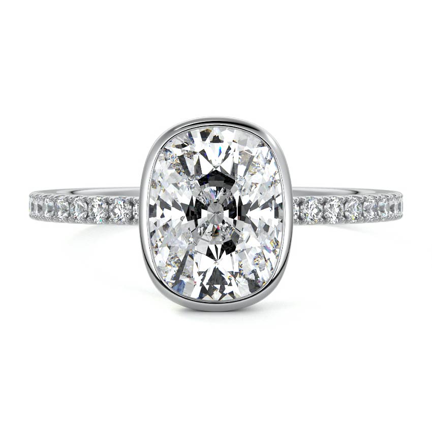 White gold Cushion Bezel Set Solitaire Diamond Engagement Ring with Pave Band