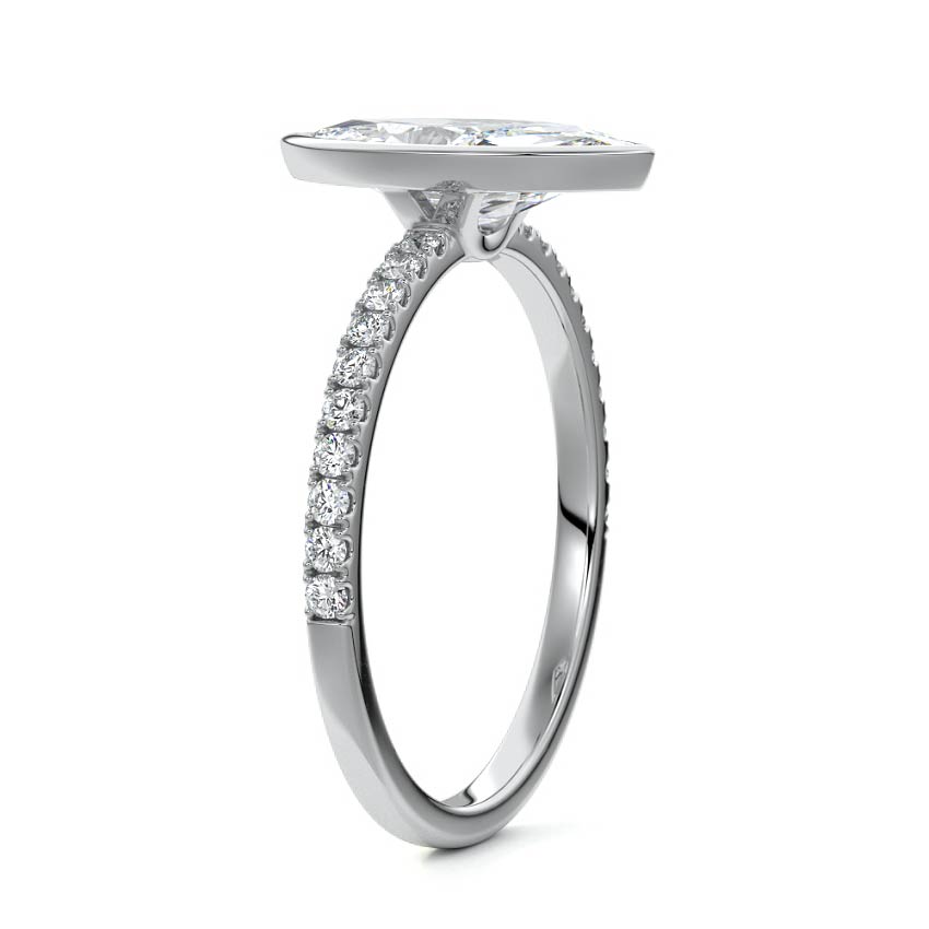 Silver Marquise Bezel Set Solitaire Diamond Engagement Ring with Pave Band