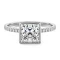 Silver Princess Bezel Set Solitaire Diamond Engagement Ring with Pave Band