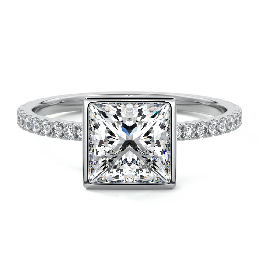 Silver Princess Bezel Set Solitaire Diamond Engagement Ring with Pave Band