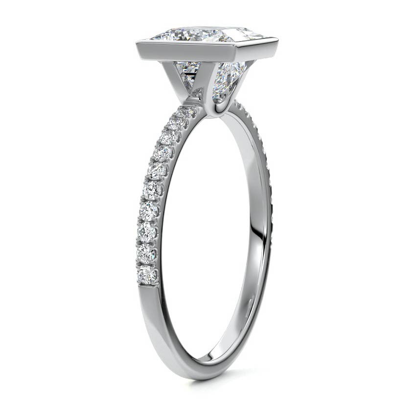 Silver Princess Bezel Set Solitaire Diamond Engagement Ring with Pave Band