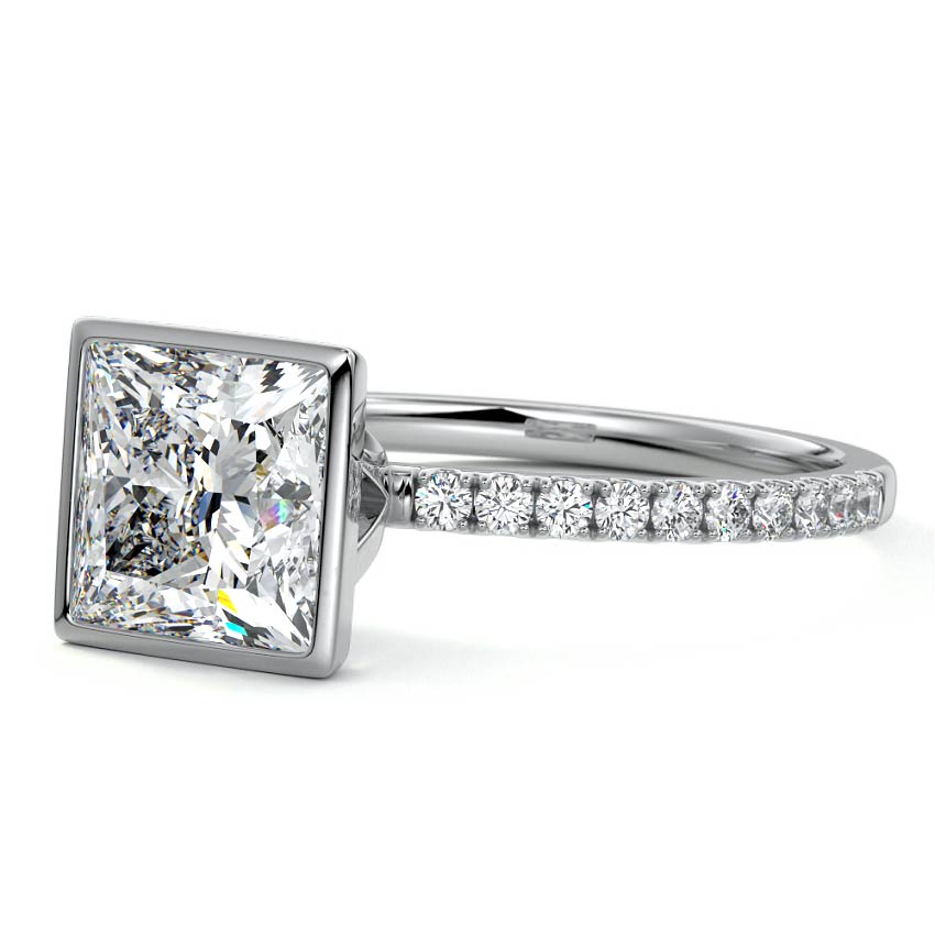 Silver Princess Bezel Set Solitaire Diamond Engagement Ring with Pave Band
