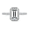 Platinum Emerald Bezel Set Solitaire Diamond Engagement Ring with Pave Band
