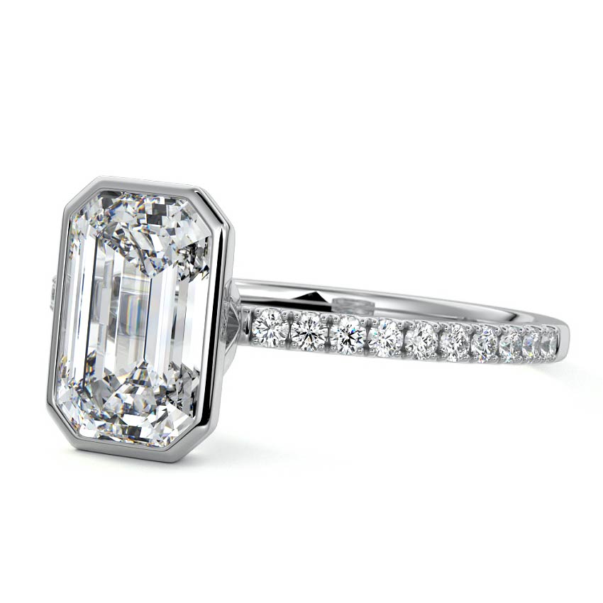 Platinum Emerald Bezel Set Solitaire Diamond Engagement Ring with Pave Band