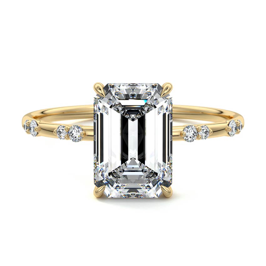 Yellow gold Emerald Diamond Engagement Ring with Minimal Round Side Stones and Prong Setting