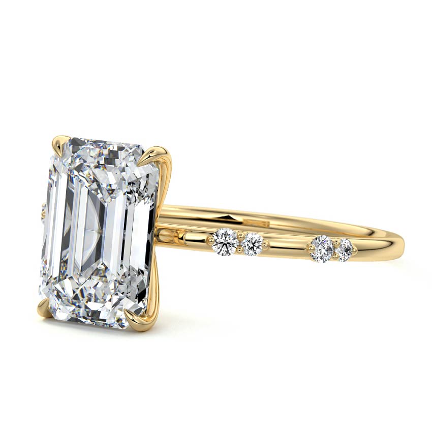 Yellow gold Emerald Diamond Engagement Ring with Minimal Round Side Stones and Prong Setting